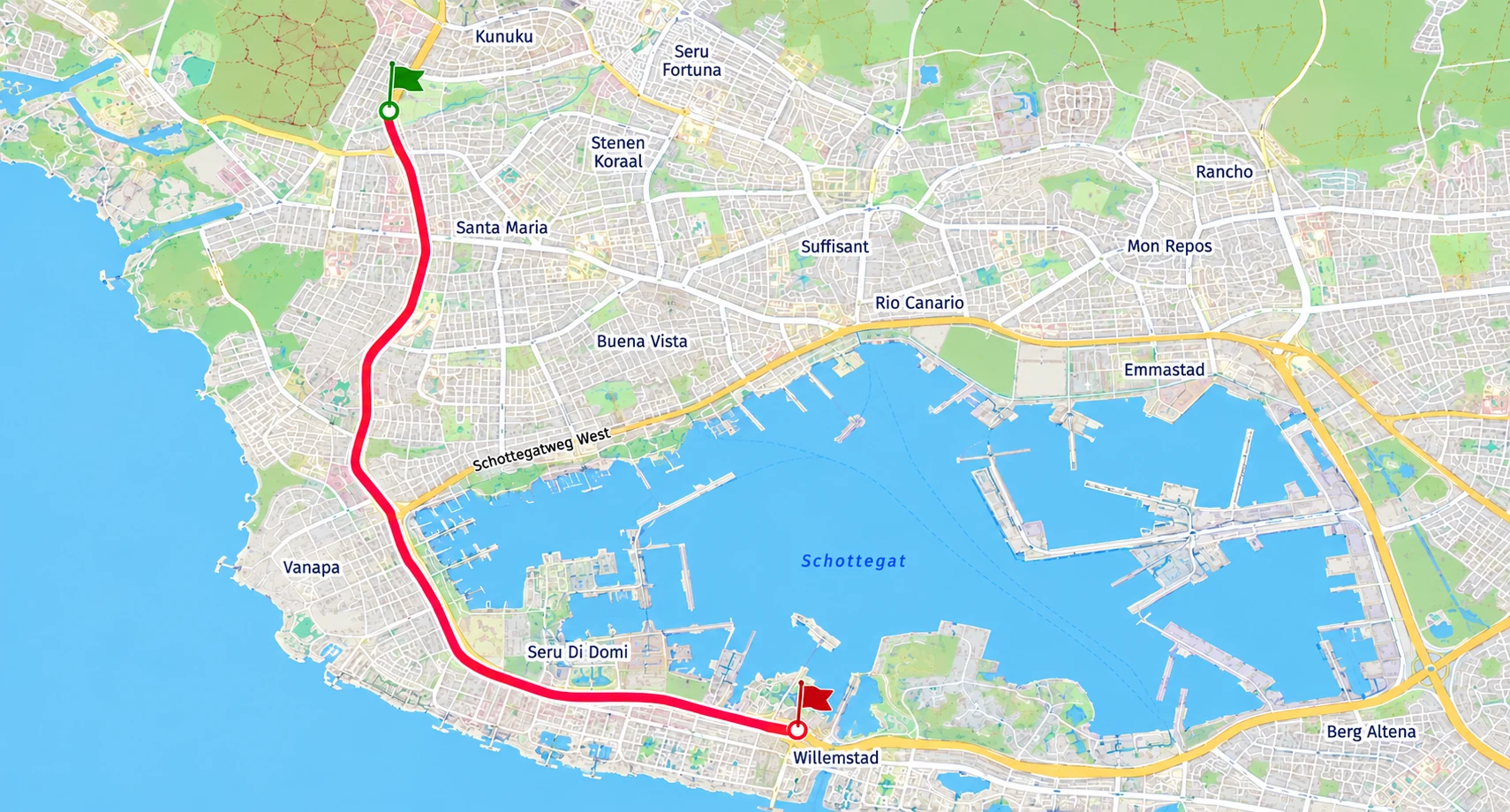 Mapa di e ruta di e Gran Marcha di Karnaval na Willemstad